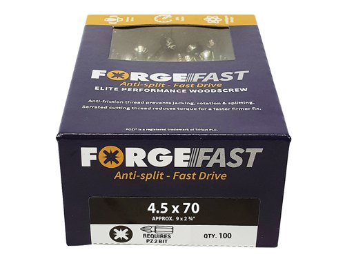 These ForgeFix ForgeFast Wood Screws have a universally accepted, Pozi compatible drive. They have 6 underhead lobes for improved countersinking and reduced surface dust, and reinforced countersunk necks which improve holding power.The screws have an anti-friction thread for reduced splitting of the timber, reduced 'jacking' and spinning of joined timber and improved drawing strength. The thread is serrated for improved pull-out and reduced torque when inserting the screw. The double cutting point allows faster drilling time and reduced clogging of wood dust and is capable of piercing 0.8mm steel.The screws have a 'Elementech 400' coating providing an anti-corrosive metal finish, which lasts up to 6 times longer than standard zinc coatings. The coating is environmentally friendly and does not contain Cr6+. It is Salt Spray tested to 400 hours.The screws are suitable for interior use.Size: 4.5 x 70 mm.Box quantity: 100.