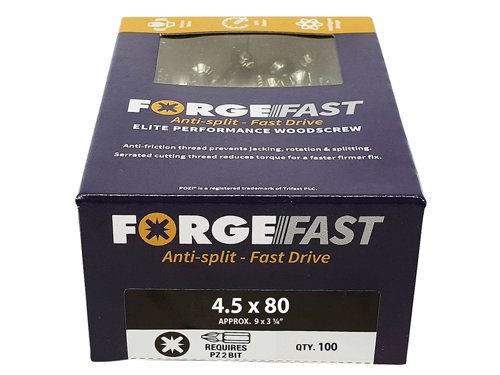 These ForgeFix ForgeFast Wood Screws have a universally accepted, Pozi compatible drive. They have 6 underhead lobes for improved countersinking and reduced surface dust, and reinforced countersunk necks which improve holding power.The screws have an anti-friction thread for reduced splitting of the timber, reduced 'jacking' and spinning of joined timber and improved drawing strength. The thread is serrated for improved pull-out and reduced torque when inserting the screw. The double cutting point allows faster drilling time and reduced clogging of wood dust and is capable of piercing 0.8mm steel.The screws have a 'Elementech 400' coating providing an anti-corrosive metal finish, which lasts up to 6 times longer than standard zinc coatings. The coating is environmentally friendly and does not contain Cr6+. It is Salt Spray tested to 400 hours.The screws are suitable for interior use.Size: 4.5 x 80 mm.Box quantity: 100.