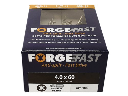 These ForgeFix ForgeFast Wood Screws have a universally accepted, Pozi compatible drive. They have 6 underhead lobes for improved countersinking and reduced surface dust, and reinforced countersunk necks which improve holding power.The screws have an anti-friction thread for reduced splitting of the timber, reduced 'jacking' and spinning of joined timber and improved drawing strength. The thread is serrated for improved pull-out and reduced torque when inserting the screw. The double cutting point allows faster drilling time and reduced clogging of wood dust and is capable of piercing 0.8mm steel.The screws have a 'Elementech 400' coating providing an anti-corrosive metal finish, which lasts up to 6 times longer than standard zinc coatings. The coating is environmentally friendly and does not contain Cr6+. It is Salt Spray tested to 400 hours.The screws are suitable for interior use.Size: 4.0 x 60mm.Box quantity: 100.