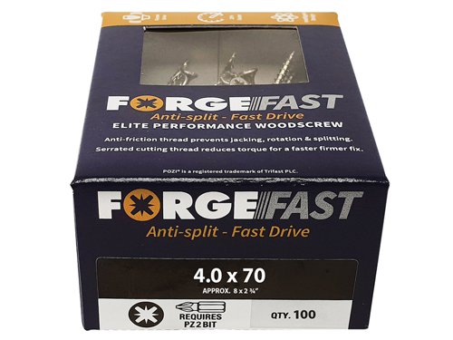 These ForgeFix ForgeFast Wood Screws have a universally accepted, Pozi compatible drive. They have 6 underhead lobes for improved countersinking and reduced surface dust, and reinforced countersunk necks which improve holding power.The screws have an anti-friction thread for reduced splitting of the timber, reduced 'jacking' and spinning of joined timber and improved drawing strength. The thread is serrated for improved pull-out and reduced torque when inserting the screw. The double cutting point allows faster drilling time and reduced clogging of wood dust and is capable of piercing 0.8mm steel.The screws have a 'Elementech 400' coating providing an anti-corrosive metal finish, which lasts up to 6 times longer than standard zinc coatings. The coating is environmentally friendly and does not contain Cr6+. It is Salt Spray tested to 400 hours.The screws are suitable for interior use.Size: 4.0 x 70mm.Box quantity: 100.