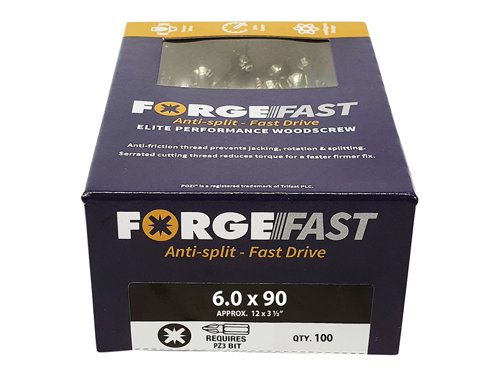 These ForgeFix ForgeFast Wood Screws have a universally accepted, Pozi compatible drive. They have 6 underhead lobes for improved countersinking and reduced surface dust, and reinforced countersunk necks which improve holding power.The screws have an anti-friction thread for reduced splitting of the timber, reduced 'jacking' and spinning of joined timber and improved drawing strength. The thread is serrated for improved pull-out and reduced torque when inserting the screw. The double cutting point allows faster drilling time and reduced clogging of wood dust and is capable of piercing 0.8mm steel.The screws have a 'Elementech 400' coating providing an anti-corrosive metal finish, which lasts up to 6 times longer than standard zinc coatings. The coating is environmentally friendly and does not contain Cr6+. It is Salt Spray tested to 400 hours.The screws are suitable for interior use.Size: 6.0 x 90mm.Box quantity: 100.