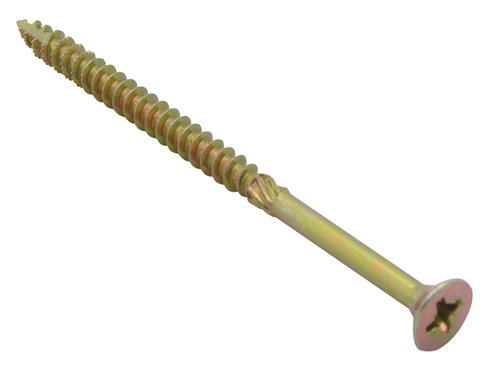 Spectre™ by Forgefix, incorporates a long list of advanced screw features, often only found in premium screws, into what we've named advanced multi-purpose wood screws.They feature a countersunk, pozidrive compatible, recessed head. Fully threaded, up to 50mm, with a sawtooth thread, to prevent splitting, and reamer to prevent jacking (50mm and above). They are also surface hardened with a quick start type 17 slash point.The screws have a zinc yellow passivated finish for excellent resistance to corrosion. Zinc yellow passivation process of electroplating is similar to the 'galvanised' and 'zinc plated' processes, but with the addition of a yellow dye. It offers an aesthetically pleasing finish.CE approved for use in load-bearing timber construction.Specification:Size: 5.0 x 100mmThread: 60mm lengthPack Quantity: Box of 300
