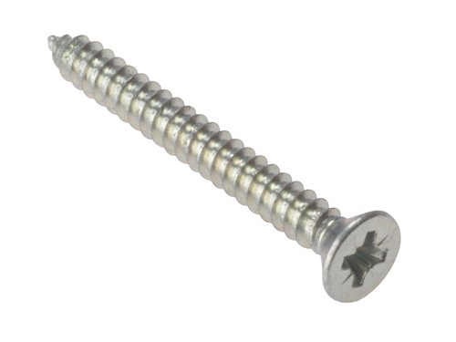 These Forgefix Pozidriv Self-Tapping Screws have countersunk heads and are Zinc Plated for increased resistance to corrosion. They tap their own thread in to a pre-drilled pilot hole in sheet or solid material. They are single threaded to resist pull-out.APPLICATION:Ideal for use in many DIY, ironmongery, engineering, electrical and plumbing applications.Zinc coatings prevent oxidation of the protected metal to create a longer lasting finish. It does this by forming a barrier and by acting as a sacrificial anode if this barrier is damaged. Zinc oxide is a fine white dust that (in contrast to iron oxide) does not trigger a breakdown of the substrate’s surface integrity as it is formed. The zinc oxide, if left intact, can act as a barrier to further oxidation, in a way similar to the protection afforded to aluminium and stainless steels by their oxide layers.The Pozidriv screw is similar in appearance to the classic Phillips cross-head, but in fact is very different. The Pozidriv has four additional points of contact, and does not have the rounded corners that the Phillips screw drive has. The biggest advantage it offers is that, when used with the correct tooling in good condition, it does not cam out, allowing great torque to be applied. The Pozidriv screw can easily be distinguished by a line embossed in the screw head at 45° to the slots for the driver.Countersunk heads are designed to sink flush with substrates to leave a smooth surface finish.Self Tapping Screw Pozi Countersunk ZP 1.1/2 x 8 Box 200