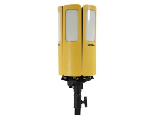 The Faithfull Centaur Heavy-Duty LED Site Light has a unique design that delivers a 360° spread of light, with a mighty 16,000 lumens and a 50m beam. This floodlight is ideal for use on worksites to light up entire rooms and large outdoor areas.The 6 light heads can be locked at either a 90° upright position or angled at 45°. They feature an anti-glare diffused lens that provides a wide spread of shadow-free light. The robust and durable housing absorbs knocks on site and is IP65 rated for water and dust ingress protection.Its driver/operation unit can be located on the ground away from the light for ease of use. It features an on/off button and individual buttons for quick selection of 25%, 50%, 75% and 100% output modes. The driver unit has a robust casing, easy-carry handles and is rated to IP44.Fitted with a 10m heavy-duty cable with an approved BS plug. A carry bag allows the light unit and driver to be stored safely and enables easy transportation to jobs.This light requires a tripod, sold separately (FPPTRIHD3M).Specification:LED Power: 200WLumen Output: 16,000Colour Range: 5000KOutput Modes: 100%, 75%, 50%, 25%Beam Distance: 50mIP Rating: Light: IP65, Driver: IP44Cable Length: 10m1 x Faithfull Centaur Heavy-Duty LED Site Light 240V Version