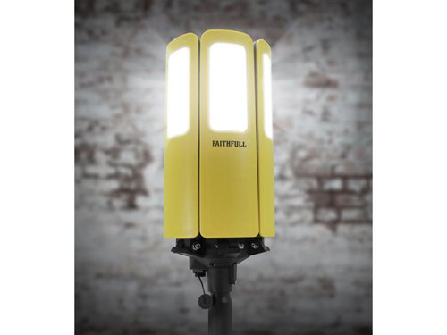 The Faithfull Centaur Heavy-Duty LED Site Light has a unique design that delivers a 360° spread of light, with a mighty 16,000 lumens and a 50m beam. This floodlight is ideal for use on worksites to light up entire rooms and large outdoor areas.The 6 light heads can be locked at either a 90° upright position or angled at 45°. They feature an anti-glare diffused lens that provides a wide spread of shadow-free light. The robust and durable housing absorbs knocks on site and is IP65 rated for water and dust ingress protection.Its driver/operation unit can be located on the ground away from the light for ease of use. It features an on/off button and individual buttons for quick selection of 25%, 50%, 75% and 100% output modes. The driver unit has a robust casing, easy-carry handles and is rated to IP44.Fitted with a 10m heavy-duty cable with an approved BS plug. A carry bag allows the light unit and driver to be stored safely and enables easy transportation to jobs.This light requires a tripod, sold separately (FPPTRIHD3M).Specification:LED Power: 200WLumen Output: 16,000Colour Range: 5000KOutput Modes: 100%, 75%, 50%, 25%Beam Distance: 50mIP Rating: Light: IP65, Driver: IP44Cable Length: 10m1 x Faithfull Centaur Heavy-Duty LED Site Light 110V Version