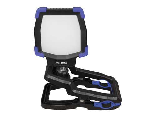 Faithfull Rechargeable Clip Light with a 30W LED that provides a high light output of 3000 lumens. Three output modes offer extended running times (100%, 50% and 25%). A 360° swivel ball joint allows the angle of the lamp to be adjusted to direct the light exactly where it is needed.The heavy-duty clamp has an opening capacity of 73mm with 180N clamping force for secure attachment to poles, beams etc. Swivel pads adjust to clamp on to square surfaces, and a concave indentation allows attachment to round poles. All clamping surfaces feature a non-marring rubber grip. It can also be used as a freestanding light.Manufactured from heavy-duty PC plastic with an impact-resistant lens and rated at IP65 for water and dust ingress protection. The heavy-duty lithium-ion battery is lightweight but powerful, providing from 3 to 10 hours of continuous light on one full charge. A power bank USB port enables you to charge personal items such as MP3 players and even mobile phones with a compatible lead.This professional quality light is designed for both commercial and domestic use and features the latest LED lighting technology. Supplied complete with USB charging lead.Specification:LED Power: 30WLumen Output: 3,000Operating Modes: 100%, 50%, 25%Beam Angle: 120°LED Type: SMD, Colour Temperature: 6500KBattery: 7.4V 4400mAh Li-ionCharge Time: approx. 4 hoursRun Time: 3-10 hoursPower Bank Output: 5V 1ACharging Cable: Type C USB x 1mIP Rating: IP65Overall Size: 156 x 105 x 251mm