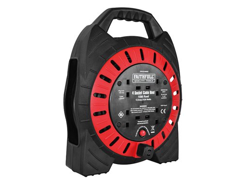 This Faithfull robust Cable Reel features a thermal overload protection system to prevent damage to the cable from overheating. It has 4 shuttered sockets with a maximum load of 13A (3,120W) when fully unwound, and 4A (1,000W) when wound.The cable reel is suitable for providing electrical power for both trade and DIY users. Its semi-enclosed case allows fast rewind and helps to prevent damage to the cable when in transit or storage. A flat base keeps the reel upright for easy storage and protects the sockets from contact with wet or damp areas.Manufactured in accordance with BS EN 61242.ASTA approvedCable Length: 10m