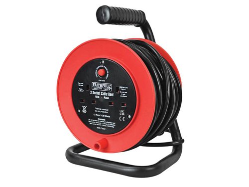 Faithfull Open Drum Cable Reel with twin 240V sockets. The 1.25mm² cable is fitted with a standard 240V plug. For added safety, the reel is fitted with a thermal overload protection system to prevent overheating damaging the cable when in use. The heavy-duty plastic drum is mounted on a sturdy steel frame with a textured grip for user comfort. Complies to BS EN 61242.Max. Load Unwound: 3,120W (13A)Max. Load Fully Wound: 960W (4A)NOTE: All cable reels should be fully unwound before they are used to carry their recommended maximum load.1 x Faithfull Power Plus Open Drum Cable Reel 240V 13A 2-Socket 15m