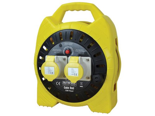 This Faithfull Power Plus Enclosed Cable Reel features 2 shuttered sockets with a maximum load of 16A (1,760W) fully unwound or 6A (660W) wound. The robust semi-enclosed easy reel accurately guides the cable onto and off the drum and ensures that the cable is protected while in storage or transit. A thermal overload protection system prevents overheating from damaging the cable. The cable reel also features a BS approved plug and a carry handle with a rotating fast rewind knob. A flat base keeps the reel upright for easy storage.Manufactured in accordance to BS 61242 and suitable for site and trade use.NOTE: All cable reels should be fully unwound before they are used to carry their recommended maximum load.1 x Faithfull Power Plus Semi-Enclosed Cable Reel 110V 16A 2-Socket 15m (1.5mm Cable)