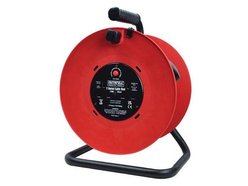 Faithfull Open Drum Cable Reel with twin 240V sockets. The 1.25mm² cable is fitted with a standard 240V plug. For added safety, the reel is fitted with a thermal overload protection system to prevent overheating damaging the cable when in use. The heavy-duty plastic drum is mounted on a sturdy steel frame with a textured grip for user comfort. Complies to BS EN 61242.Max. Load Unwound: 3,120W (13A)Max. Load Fully Wound: 960W (4A)NOTE: All cable reels should be fully unwound before they are used to carry their recommended maximum load.1 x Faithfull Power Plus Open Drum Cable Reel 240V 13A 2-Socket 25m