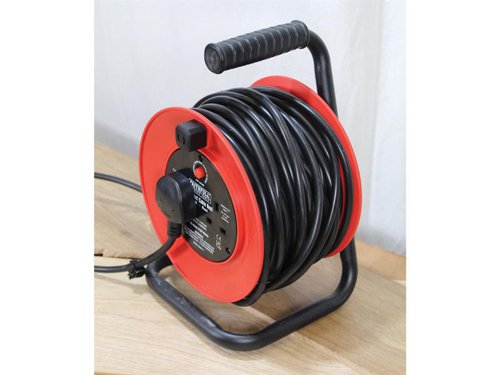 Faithfull Open Drum Cable Reel with twin 240V sockets. The 1.25mm² cable is fitted with a standard 240V plug. For added safety, the reel is fitted with a thermal overload protection system to prevent overheating damaging the cable when in use. The heavy-duty plastic drum is mounted on a sturdy steel frame with a textured grip for user comfort. Complies to BS EN 61242.Max. Load Unwound: 3,120W (13A)Max. Load Fully Wound: 960W (4A)NOTE: All cable reels should be fully unwound before they are used to carry their recommended maximum load.1 x Faithfull Power Plus Open Drum Cable Reel 240V 13A 2-Socket 25m
