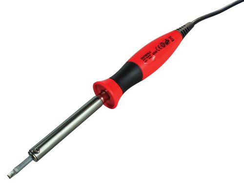 The Faithfull Lightweight Soldering Iron with heat-resistant handle, suitable for soft soldering metal alloys, brass and copper. The working temperature is reached quickly and a metal holder is supplied to keep the hot iron safely at rest when not in use.Ideal for fine soldering (tip width 3.5mm) and hobby work on a variety of items, such as circuit boards, jewellery and models or for repair work on electrical items. Fitted with 13 amp plug.Voltage: 230/240V.Input Power: 40W.Tip Width: 4mm.