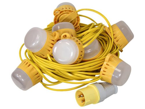 This Faithfull Festoon Light on a 22 metre cable is supplied with 10 x bulbs (110V). The compact LED bulbs are spaced 2m apart, with each bulb providing a bright white 400 lumen light output. Screw mounting holes allow the bulbs to be securely fixed. Up to 8 sets of these festoon lights can be daisy chained together, maximum 176M with 80 LED bulbs. The yellow cable offers maximum visibility on the worksite. Fitted with a 16 Amp 110 Volt plug.These festoon lights will provide a very effective solution to illuminating a large area, there will be instant light in multiple locations without shadows which can be caused by tripod lighting.Specifications:Watts: 50W.Voltage: 110V.Length: 22m.Type: LED.Number of Bulbs: 10.Bulb spacing 2m.Lumens per Bulb: 400.Light colour: Cool White (6500k).IP rating: IP44.Max. Daisy Chain: x 8 (total length 176M with 80 LED bulbs).