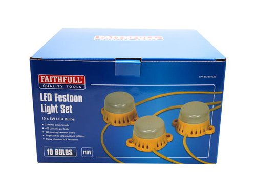 This Faithfull Festoon Light on a 22 metre cable is supplied with 10 x bulbs (110V). The compact LED bulbs are spaced 2m apart, with each bulb providing a bright white 400 lumen light output. Screw mounting holes allow the bulbs to be securely fixed. Up to 8 sets of these festoon lights can be daisy chained together, maximum 176M with 80 LED bulbs. The yellow cable offers maximum visibility on the worksite. Fitted with a 16 Amp 110 Volt plug.These festoon lights will provide a very effective solution to illuminating a large area, there will be instant light in multiple locations without shadows which can be caused by tripod lighting.Specifications:Watts: 50W.Voltage: 110V.Length: 22m.Type: LED.Number of Bulbs: 10.Bulb spacing 2m.Lumens per Bulb: 400.Light colour: Cool White (6500k).IP rating: IP44.Max. Daisy Chain: x 8 (total length 176M with 80 LED bulbs).