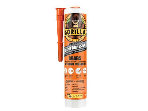 Gorilla Heavy-Duty Grab Adhesive is the all-purpose way to bond building materials. Extremely versatile, it grabs and bonds virtually anything instantly. Suitable for use indoors or out, even underwater, for an extra-tough bond that will last. Its flexible, easy flow formula means it can even be used for gap filling and is paintable.1 x Gorilla Heavy-Duty Grab Adhesive - White 290ml