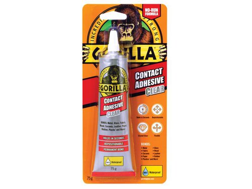 Gorilla Contact Adhesive has a flexible, fast-setting, waterproof formula, making it suitable for both indoor and outdoor use. It forms a crystal clear, permanent bond.Bonds: metal, glass, fabric, wood, ceramic, leather, paper, rubber, plastic and more.This product falls within Psychoactive Substances Act 2016 & can therefore only be sold to over 18's