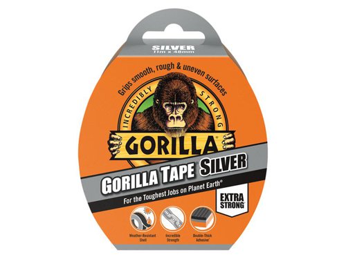 Gorilla Tape® Silver is extra thick, extra strong and extra durable, which makes it ideal for repairing heating, ventilation or air-conditioning ducts. Suitable for indoor and outdoor use, with superior UV resistance and ability to grip to rough, uneven, unforgiving surfaces such as wood, stone, plaster, brick and more.1 x Gorilla Tape® Silver 48mm x 11m