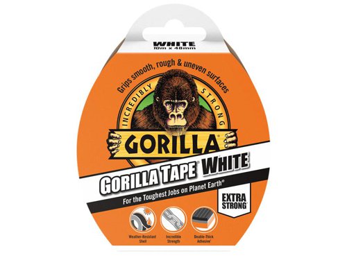 Gorilla Tape® White grips smooth, rough and uneven surfaces. It is a tough all-weather tape which is UV resistant. It has strong, reinforced backing and double thick adhesive.1 x Gorilla Tape® White 48mm x 10m