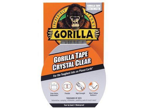 Gorilla Tape® Crystal Clear has an extra thick adhesive layer and a tough, ultra-clear backing that won't yellow. It is an ideal solution for almost any project, indoors and out. The tape will fix, repair and hold on smooth, rough or uneven surfaces. It is weatherproof, UV and temperature resistant. The tape has a notched edge design making it easy to tear by hand, with no need for additional tools.Suitable for thousands of uses, including leather seat cushions, automotive, plastic inflatables, tarps, awnings, covers, plastic repair, labelling, camping, cracked smartphones etc.