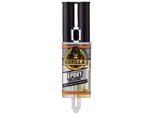The Gorilla Glue 5 Min 2-Part Epoxy Syringe has an impact-tough formula, using hybrid technology to improve overall adhesion, strength, and flexibility. It fills voids and bonds on uneven and vertical surfaces, with a 5-minute set time, allowing time for repositioning.The epoxy withstands moderate exposure to water and will not break down from exposure to common solvents. It has a low VOC and is non-toxic once cured, safe for everyday handling, dries clear and is ideal for a clean easy finish.Specification:Size: 25ml.