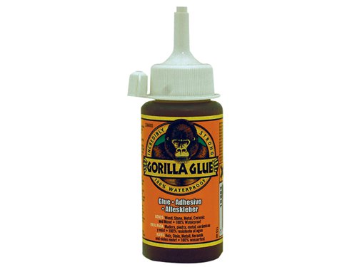 Gorilla Glue is a polyurethane glue. When exposed to moisture, the adhesive reacts and creates a foaming action that fills whilst it sticks. Gorilla Glue has an open working time of 20 minutes. The glue is brown in colour, but dries a tan colour, and is totally waterproof. Gorilla Glue is incredibly strong, bonding all types of wood, including pressure treated wood. It also bonds stone, metal, ceramics, foam, glass, leather and more. Once dried the product is sandable, stainable, paintable and can also take a varnish. Due to its foaming action the glue gives greater coverage - up to 3 times the coverage of other glues. This glue is unaffected by extreme hot and cold and will not break down when exposed to rain and snow.The Gorilla Glue formula bonds materials that typical all-purpose adhesives will not hold, including wood, stone, metal ceramics, glass, foam and even bonds dissimilar materials. It is waterproof and temperature resistant, which means it can be used for indoor and outdoor projects and repairs.Originally used as a commercial adhesive for hard-to-glue materials. Once something is glued it will not come undone - it is set to survive years after the repair.The GRGGG115 Gorilla glue comes in the following: Size: 115ml