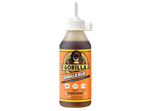 Gorilla Glue is a polyurethane glue. When exposed to moisture, the adhesive reacts and creates a foaming action that fills whilst it sticks. Gorilla Glue has an open working time of 20 minutes. The glue is brown in colour, but dries a tan colour, and is totally waterproof. Gorilla Glue is incredibly strong, bonding all types of wood, including pressure treated wood. It also bonds stone, metal, ceramics, foam, glass, leather and more. Once dried the product is sandable, stainable, paintable and can also take a varnish. Due to its foaming action the glue gives greater coverage - up to 3 times the coverage of other glues. This glue is unaffected by extreme hot and cold and will not break down when exposed to rain and snow.The Gorilla Glue formula bonds materials that typical all-purpose adhesives will not hold, including wood, stone, metal ceramics, glass, foam and even bonds dissimilar materials. It is waterproof and temperature resistant, which means it can be used for indoor and outdoor projects and repairs.Originally used as a commercial adhesive for hard-to-glue materials. Once something is glued it will not come undone - it is set to survive years after the repair.The GRGGG250 Gorilla glue comes in the following: Size: 250ml