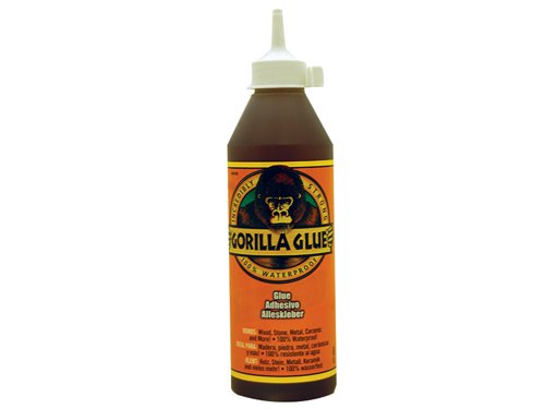 Gorilla Glue is a polyurethane glue. When exposed to moisture, the adhesive reacts and creates a foaming action that fills whilst it sticks. Gorilla Glue has an open working time of 20 minutes. The glue is brown in colour, but dries a tan colour, and is totally waterproof. Gorilla Glue is incredibly strong, bonding all types of wood, including pressure treated wood. It also bonds stone, metal, ceramics, foam, glass, leather and more. Once dried the product is sandable, stainable, paintable and can also take a varnish. Due to its foaming action the glue gives greater coverage - up to 3 times the coverage of other glues. This glue is unaffected by extreme hot and cold and will not break down when exposed to rain and snow.The Gorilla Glue formula bonds materials that typical all-purpose adhesives will not hold, including wood, stone, metal ceramics, glass, foam and even bonds dissimilar materials. It is waterproof and temperature resistant, which means it can be used for indoor and outdoor projects and repairs.Originally used as a commercial adhesive for hard-to-glue materials. Once something is glued it will not come undone - it is set to survive years after the repair.The GRGGG500 Gorilla glue comes in the following: Size 500ml
