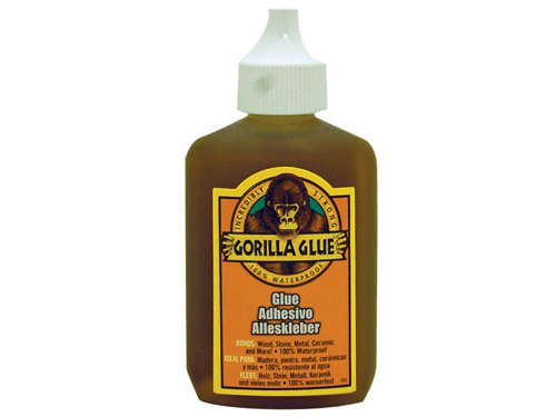 Gorilla Glue is a polyurethane glue. When exposed to moisture, the adhesive reacts and creates a foaming action that fills whilst it sticks. Gorilla Glue has an open working time of 20 minutes. The glue is brown in colour, but dries a tan colour, and is totally waterproof. Gorilla Glue is incredibly strong, bonding all types of wood, including pressure treated wood. It also bonds stone, metal, ceramics, foam, glass, leather and more. Once dried the product is sandable, stainable, paintable and can also take a varnish. Due to its foaming action the glue gives greater coverage - up to 3 times the coverage of other glues. This glue is unaffected by extreme hot and cold and will not break down when exposed to rain and snow.The Gorilla Glue formula bonds materials that typical all-purpose adhesives will not hold, including wood, stone, metal ceramics, glass, foam and even bonds dissimilar materials. It is waterproof and temperature resistant, which means it can be used for indoor and outdoor projects and repairs.Originally used as a commercial adhesive for hard-to-glue materials. Once something is glued it will not come undone - it is set to survive years after the repair.The GRGGG60 Gorilla glue comes in the following: Size: 60ml