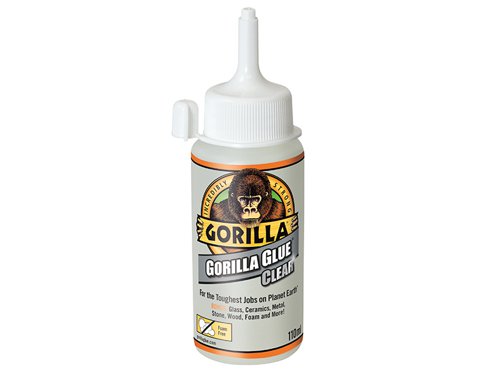 Clear Gorilla Glue is a non-foaming, flexible, fast setting, crystal clear contact adhesive. It creates a strong permanent bond but also offers an extended working time, giving time to reposition work if required.Can be painted with oil-based and spray acrylic. Stainable, but will require sanding. Water-resistant (can withstand intermittent exposures), making it great for projects both inside and out. Bonds wood, stone, metal, ceramic, foam, glass etc.1 x Gorilla Glue Clear 110ml