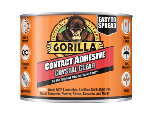 Gorilla Contact Adhesive is a fast drying, crystal clear and versatile DIY adhesive that holds in seconds for a permanent bond. Gripping instantly with no need to support*, it can be used on a variety of surfaces, even vertical ones.Bonds: wood, MDF, laminates, leather, cork, rigid PVC, metal, concrete, plaster, stone, ceramic, and more. Not suitable for use on polyethylene (PE), polypropylene (PP), polystyrene (PS), treated MDF, foam backing laminates or PVC pipes.This spreadable formula comes in a tin, perfect for larger surfaces and bigger DIY projects.* Heavier objects may require extra supportThis product falls within Psychoactive Substances Act 2016 & can therefore only be sold to over 18's