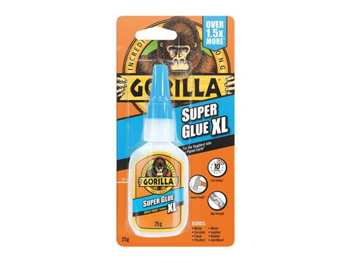 Gorilla Superglue keeps holding strong, even when the bond takes a hit. Just hold in place for 30-60 seconds while the formula sets, no clamping necessary.Suitable for use on nearly anything: wood, metal, ceramics, some plastics, rubber and much more.Benefits include:IMPACT STRENGTH - unique rubber particles increase impact-resistance and strength to handle everyday use after your repair or creation is set.WON'T CLOG - anti-clog tip with metal pin keeps nozzle clean.EASY TO USE - thick formula flows better for improved control. Dries in just 30-60 seconds, with no clamping.WHATEVER THE SURFACE - use on nearly anything, from wood, metal, ceramics, some plastics, rubber and a whole lot more!1 x Gorilla Glue Gorilla Superglue XL 25g