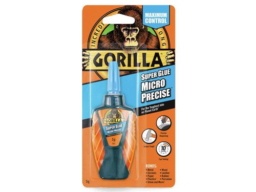 Gorilla Superglue Micro Precise keeps holding strong, even when the bond takes a hit. Just hold in place for 10-45 seconds whilst the formula sets, no clamping necessary. It has an anti-clog cap that provides precise application exactly where you need it.Suitable for use on nearly anything: wood, metal, ceramics, some plastics, rubber and much more.