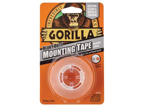 The Gorilla Heavy-Duty Double Sided Mounting Tape provides a quick and easy solution to mount and repair where traditional fasteners can't. This industrial strength tape grips to smooth and rough surfaces, delivering an instant and weatherproof bond. Suitable for use indoors and outdoors.1 x Gorilla Heavy-Duty Mounting Tape Crystal Clear 25.4mm x 1.52m