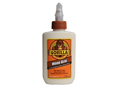 Gorilla Wood Glue is a non-toxic water based, solvent free polyvinyl acetate (PVA) glue that requires only 20-30mins clamp time and is fully cured in 24 hours.It is suitable for use indoors and outdoors and can be used on hardwoods, softwoods and wood composites. This glue dries with a natural finish.The GRGGWG118 Gorilla Wood Glue comes in the following:Size: 118ml