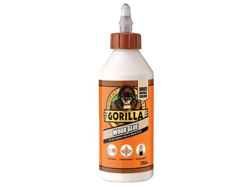 Gorilla Wood Glue is a non-toxic water based, solvent free polyvinyl acetate (PVA) glue that requires only 20-30mins clamp time and is fully cured in 24 hours.It is suitable for use indoors and outdoors and can be used on hardwoods, softwoods and wood composites. This glue dries with a natural finish.The GRGGWG236 Gorilla Wood Glue comes in the following:Size: 236ml