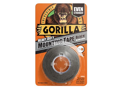 The Gorilla Heavy-Duty Double Sided Mounting Tape provides a quick and easy solution to mount and repair where traditional fasteners can't. This industrial strength tape grips to smooth and rough surfaces, delivering an instant and weatherproof bond. Suitable for use indoors and outdoors.1 x Gorilla Heavy-Duty Mounting Tape Black 25.4mm x 1.52m