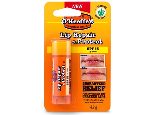 O'Keeffe's Lip Repair is a highly effective lip balm that heals, relieves and repairs extremely dry and cracked lips. It creates a flexible, multi-layer barrier that moves with your lips and keeps them moisturised for 8 hours. Absorbed quickly to provide soft, smooth lips.Apply to lips as needed. Stop use if irritation occurs. Protect this product from excessive heat and direct sun.Representative Photos: Two week usage period. Lip balm was applied according to package directions. Results may vary.1 x O'Keeffe's Lip Repair & Protect Lip Balm SPF15 4.2g
