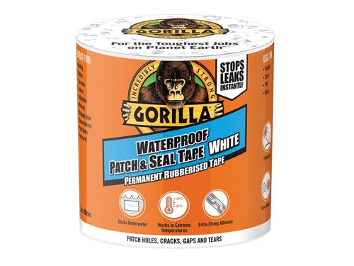 Gorilla Waterproof Patch & Seal Tape provides a strong and permanent bond that instantly stops leaks. It will even stick underwater. Ideal for patching holes, cracks, gaps and tears. For indoor and outdoor use.Suitable for use on plastic, wood, glass, aluminium, steel, vinyl, PVC etc.1 x Gorilla® Waterproof Patch & Seal Tape 100mm x 3m White