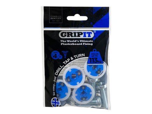 Gripit Plasterboard Fixings are designed for use with all types of plasterboard installation. The unique Gripit wings fold out in small cavity spaces to create a vice-like grip.Gripit Blue Fixings allow you to fix the heaviest of domestic heating boilers, TVs and kitchen cabinets to plasterboard walls. One Gripit Blue holds up to 113kg.Easy to install, you will require a 25mm drill bit. They are also removable and reusable. Each Gripit Blue is supplied with an M8 x 30mm bolt.This Pack of Gripit Blue Plasterboard Fixings contains:4 x Gripit Blue Fixings4 x Bolts M8 x 30mm