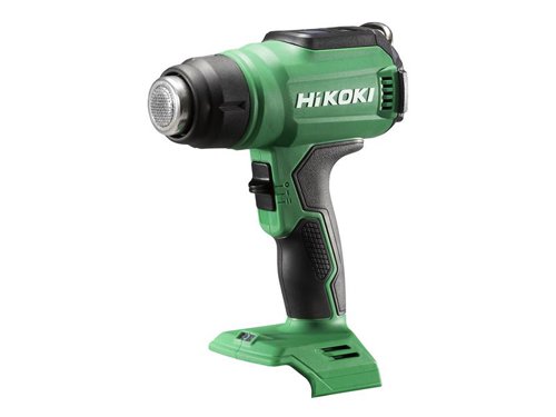 The HiKOKI RH18DA Heat Gun has a powerful motor with 2-stage air volume control, the conveniently located slide switch allows for quick selection. Its LCD display shows temperature and battery levels, while below the screen are two temperature control buttons for easy adjustment in 10° increments.The compact design incorporates a soft grip handle, helping to reducing fatique over longer working periods. There is also a handy LED work light, ideal when working in darker areas.Supplied with 3 Nozzles (Plane, Round & Curved Surface).Bare Unit, NO battery or charger supplied.Specifications:Temperature (1/2): 30-400°C/30-550°C.Air Volume (1/2): 200/300L/min.Overall Length: 217mm.Weight: 0.6kg (without battery).