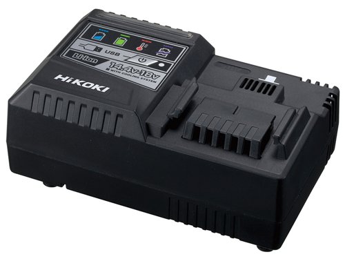 The HiKOKI UC18YSL3 Rapid Smart Charger is suitable for slide type Li-ion batteries. It provides the industry's fastest charging time of approx. 32 minutes for 5.0Ah battery and 38 minutes for 6.0Ah battery.Cutting edge 3-way protection technology prevents battery from overcharging and overheating. It has a large charge indicator lamp with 4-colour LED status lights. Capable of a low-temperature charge, from -10°, it also has a USB port (5V, 2A) for charging small portable devices such as smart phones etc.