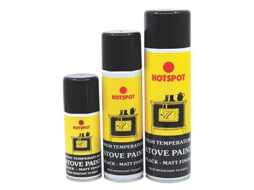 Hotspot Spray Stove Paint is an ultra-high temperature, corrosion-resistant, one-coat stove and fireplace paint. Its high solids content offers increased coverage over conventional systems. This specially formulated fireplace and stove paint provides corrosion and abrasion resistance.A thin coating of the paint allows excellent heat transmission and is colourfast up to 650°C. It can also be used on brick, concrete and render. Most substrates, including steel and its alloys, can be coated successfully, however, we recommend that each new substrate should be checked individually for its suitability.1 x Hotspot Spray Stove Paint Matt Black 450ml