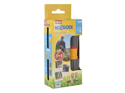 The Hozelock 3-in-1 Watering Starter Set is for hoses with a diameter of 12.5mm and 15mm.Contains the following:1 x 3-in-1 Nozzle has an ergonomic design with a soft touch grip and instruction arrows. It produces 3 different sprays: jet, cone and fine rose. Compatible with all other connectors. Made in the UK.1 x Soft Touch Hose End Connector. Guaranteed secure, up to 10 bar, thanks to a triple locking system. All the internal parts are made from ultra tough engineering plastic, for a long leak free life. With a soft touch for added grip and comfort.1 x Soft Touch AquaStop Connector. An internal valve stops the water flow when an accessory (e.g. a spray gun) is disconnected, avoiding the need to return to the tap to turn the water off when you are switching between accessories. It also helps to reduce water wastage. With a soft touch for added grip and comfort.1 x Threaded Tap Connector 3/4in BSP for use with 95% of all outdoor taps. Includes a 1/2in adaptor for older taps. The connector securely attaches to the outdoor tap, and converts it to the Hozelock quick connect system.