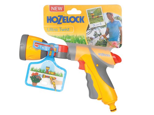 The Hozelock 2695 Ultra Twist is a unique 2-in-1 spray gun that with a simple twist converts into a lawn sprinkler, saving you time switching between attachments. The integrated sprinkler will cover lawn areas up to 69m??. Using the lockable trigger and separate flow control, it can be set to water specific areas of the garden hands free, leaving you time to do other tasks or relax.Four spray patterns: Jet which is ideal for cleaning; Fast Fill for filling buckets or watering cans; Rose for gentle watering; Sprinkler for wide area watering.Designed in Great Britain, the Hozelock Ultra Twist extends Hozelock???s heritage of quality, innovative products that are designed for gardeners by gardeners. Made from the highest quality plastics, the Ultra Twist will stand the hard wearing challenge of gardening tasks, time after time and it comes with a 2 year warranty.