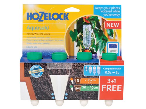 The Hozelock Aquasolo Watering Cones are made from patented ceramic and offer an innovative way of caring for precious plants both in the home and garden when you are away. This simple self-watering system, made up of a ceramic cone and a plastic screw adaptor, is easily assembled in a few minutes.A reusable reservoir, Aquasolo can also be used to provide hungry plants with liquid feed and is great for greenhouse and house plants alike. The watering cones are compatible with most bottle types from 0.5L to 2L capacity and cater for plant pots up to 25cm in diameter, keeping plants watered for up to 28 days.Just follow these few simple steps for the perfect watering solution:(1) Select the Aquasolo cone according to the size of your pot and choose the bottle size for the required duration.(2) Fill the bottle with tap water, adding liquid feed if required.(3) Screw the bottle onto the cone, with or without the adaptor, turn upside down and make a hole in the bottom.(4) Insert the cone into the plant pot to allow a slow release of water into the compost. To ensure optimum performance and long life of your Aquasolo, remove the cone every few months and soak in a vinegar solution, brush and rinse in clean water.The Hozelock Aquasolo watering cone extends Hozelock???s heritage of quality, innovative products that are designed for gardeners by gardeners. Comes with a 1 year warranty.Pack of 4 Hozelock 2717 Green Aquasolo Watering Cones for Medium 16in Pots.