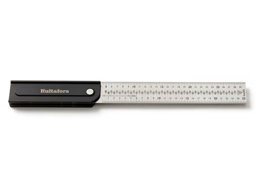 The Hultafors Quattro 270 Adjustable Square has a blade which can be rotated to 45°, 90° and 135°. It can also be rotated 270° allowing you to use the opposite side of the stock where there is no slit that, for example, thin sheet metal parts can slide into. In addition, there are markings for 22.5°, 67.5° and 75°/15°. If you rotate the blade 270° you get a rounded corner instead so you can work in uneven corners.The stock is made of fully anodized aluminum with a 19mm thick handle. Its high strength stainless steel blade is 45mm wide and 1mm thick. This accommodates work with standard stud dimensions and a center line makes it easy to quickly mark out both sides of a stud. It also has scribing notches spaced 5mm apart, these can be used to draw or cut a line parallel along an edge.Carefully selected materials and manufacturing techniques such as a CNC-milled stock and a blade cut with a precision laser provide high accuracy; angle tolerance ±0.06° (±1 mm/m). The square is also completely foldable, which makes it easy to store and carry in the pocket of your work trousers.Made in Europe with full control over working conditions and sustainability.