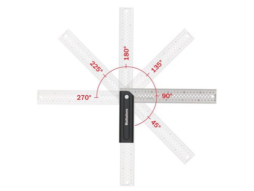 The Hultafors Quattro 270 Adjustable Square has a blade which can be rotated to 45°, 90° and 135°. It can also be rotated 270° allowing you to use the opposite side of the stock where there is no slit that, for example, thin sheet metal parts can slide into. In addition, there are markings for 22.5°, 67.5° and 75°/15°. If you rotate the blade 270° you get a rounded corner instead so you can work in uneven corners.The stock is made of fully anodized aluminum with a 19mm thick handle. Its high strength stainless steel blade is 45mm wide and 1mm thick. This accommodates work with standard stud dimensions and a center line makes it easy to quickly mark out both sides of a stud. It also has scribing notches spaced 5mm apart, these can be used to draw or cut a line parallel along an edge.Carefully selected materials and manufacturing techniques such as a CNC-milled stock and a blade cut with a precision laser provide high accuracy; angle tolerance ±0.06° (±1 mm/m). The square is also completely foldable, which makes it easy to store and carry in the pocket of your work trousers.Made in Europe with full control over working conditions and sustainability.