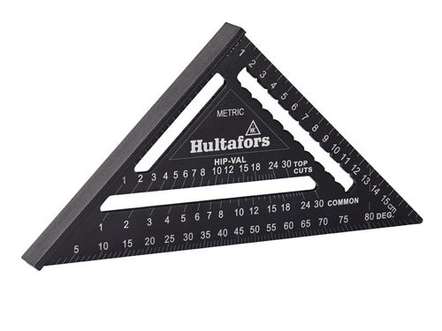 The Hultafors Rafter Square allows you to make fast and precise 45° and 90° markings. Solid aluminium body with CNC machined edges for greater accuracy and durability. It has scales for cutting hip, valley and jack rafters.The thick edge can be used as a saw guide - it can be used directly with the saw against the square for cross cuts or angled cuts. It has scribing notches and can also be used as a protractor, for easily finding and marking various common angles.A robust and versatile tool for all craftsmen.The Hultafors Mini Metric Rafter Square 11cm.