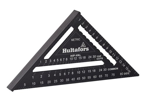 The Hultafors Rafter Square allows you to make fast and precise 45° and 90° markings. Solid aluminium body with CNC machined edges for greater accuracy and durability. It has scales for cutting hip, valley and jack rafters.The thick edge can be used as a saw guide - it can be used directly with the saw against the square for cross cuts or angled cuts. It has scribing notches and can also be used as a protractor, for easily finding and marking various common angles.A robust and versatile tool for all craftsmen.The Hultafors Large Metric Rafter Square 30cm.