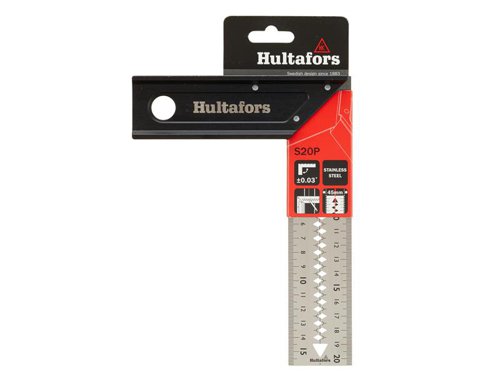 This Hultafors Square has been built for precision and durability. Excellent for construction, workshops and carpentry work. Unique assembly technology with strong custom riveting and a 1.5mm thick high-strength stainless steel blade. This provides an extremely durable design which can withstand tough working environments and will last a long time.The stock is made of fully anodized aluminum with a 18mm thick handle. Its high strength stainless steel blade is 45mm wide and 1.5mm thick. This accommodates work with standard stud dimensions and a center line makes it easy to quickly mark out both sides of a stud. It also has scribing notches spaced 5mm apart, these can be used to draw or cut a line parallel along an edge.The precision cut blade and riveting have very small tolerances to provide high precision; angle tolerance ±0.03° (±0.5 mm/m).Made in Europe with full control over working conditions and sustainability.1 x Hultafors S20P Professional Square 20cm.